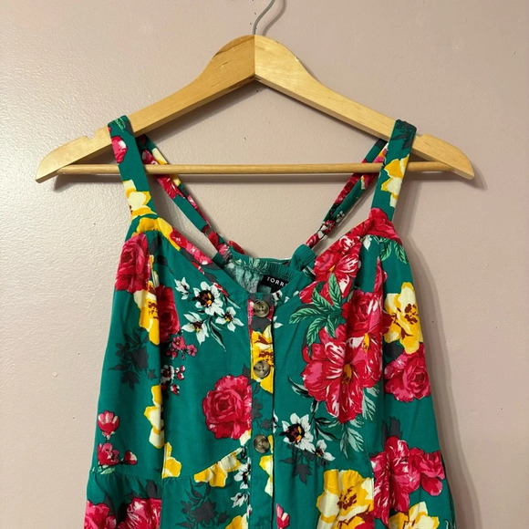 Torrid Fit And Flare Rayon Slub Lace-Up Back Tank Floral Green Women Size 1X - Picture 4 of 9